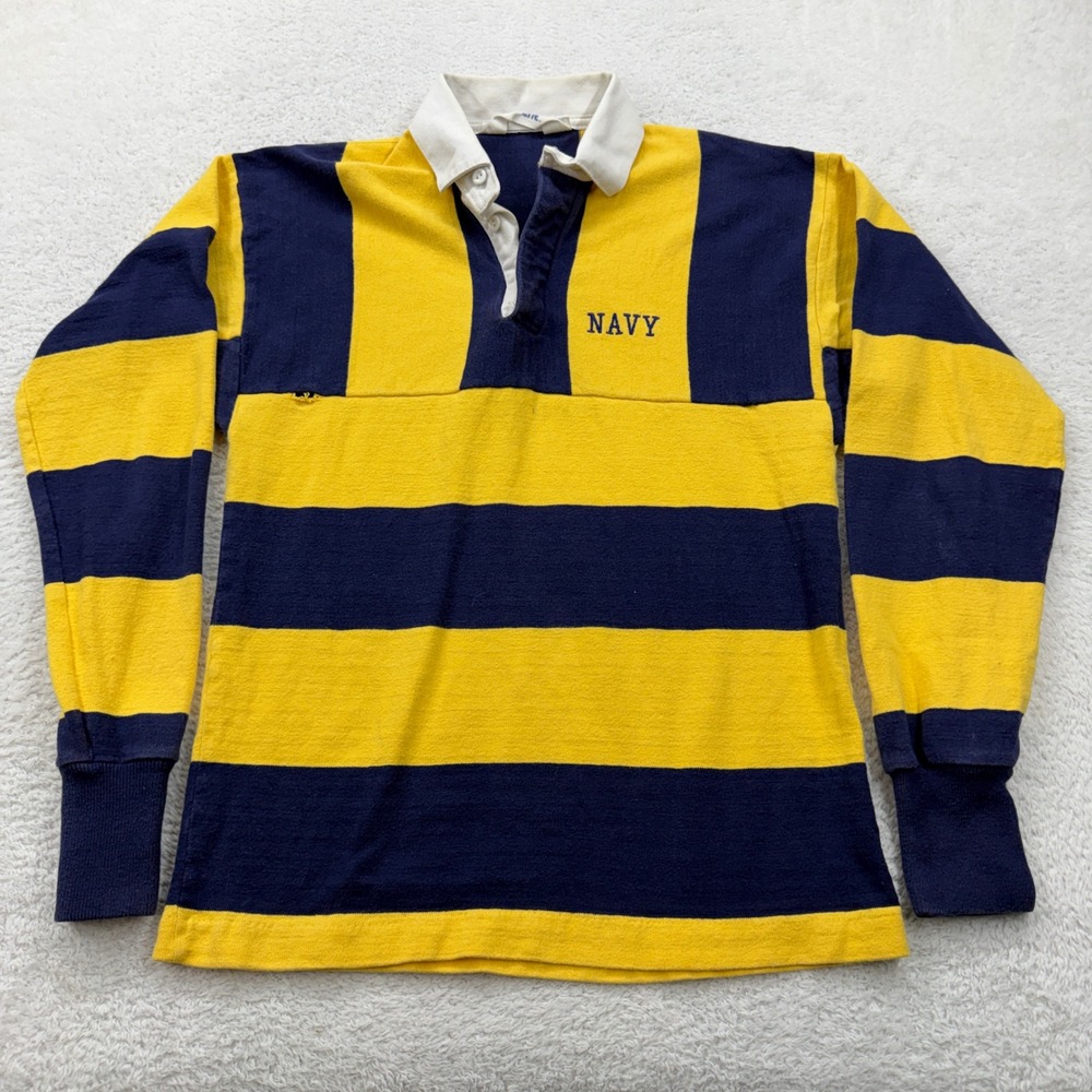 VTG Chalk Line Navy Rugby‎ Shirt Mens M Yellow Blue Striped Long Sleeve Collared